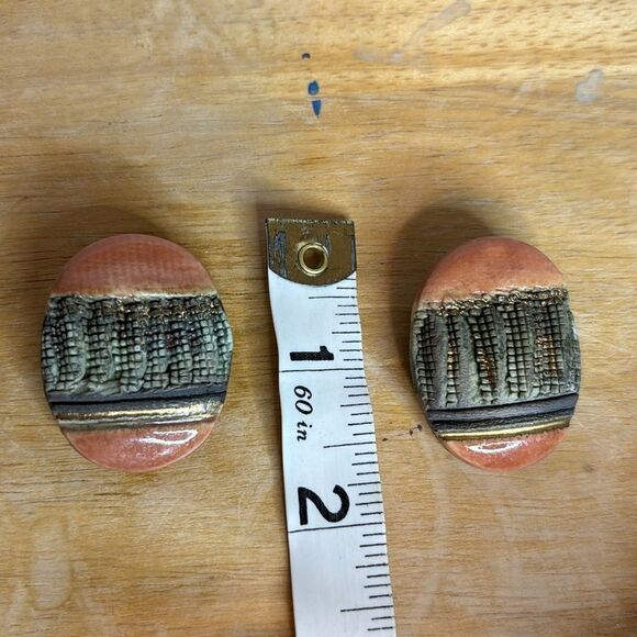 Vintage brown ceramic oval clip on art decorative bohemian earrings - Picture 7 of 7